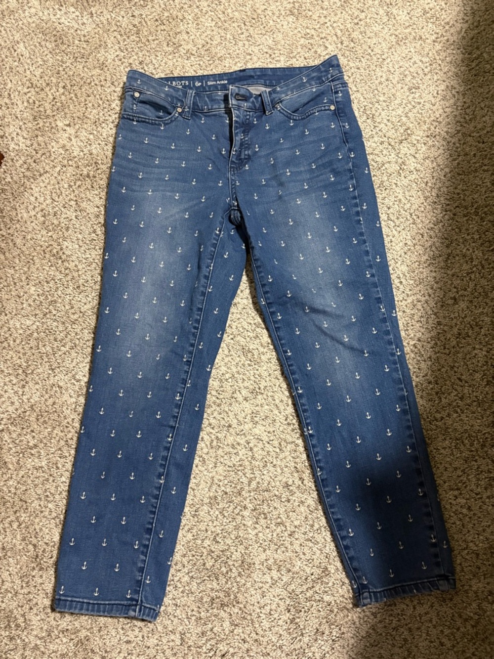 Talbots Blue Anchor-Print Slim Ankle Jeans